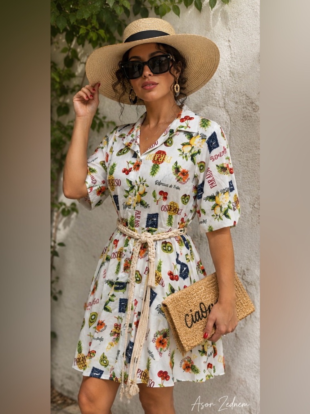 NWT Truth NYC Fruit Print Shirt Dress | Tropical Vacation Rope Belt | Size Small